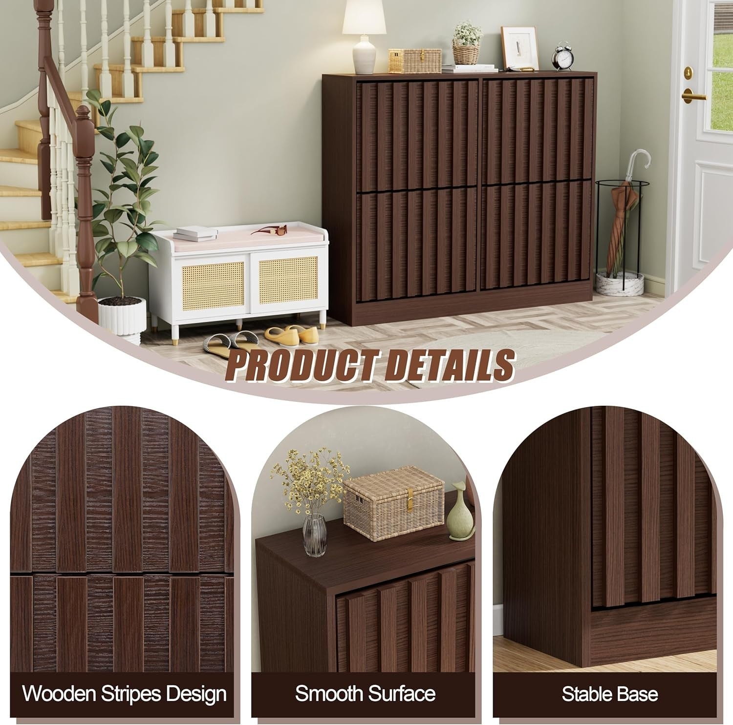 Wide Wooden Shoe Cabinet 4 Flip Drawers Ventilated Storage Modern Walnut