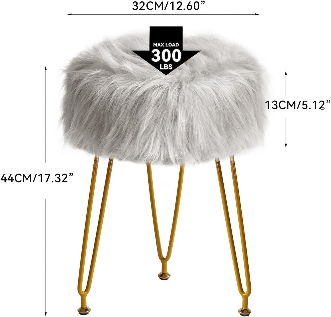 Gray Faux Fur Round Vanity Stool – Soft Padded Makeup Seat with Metal Legs