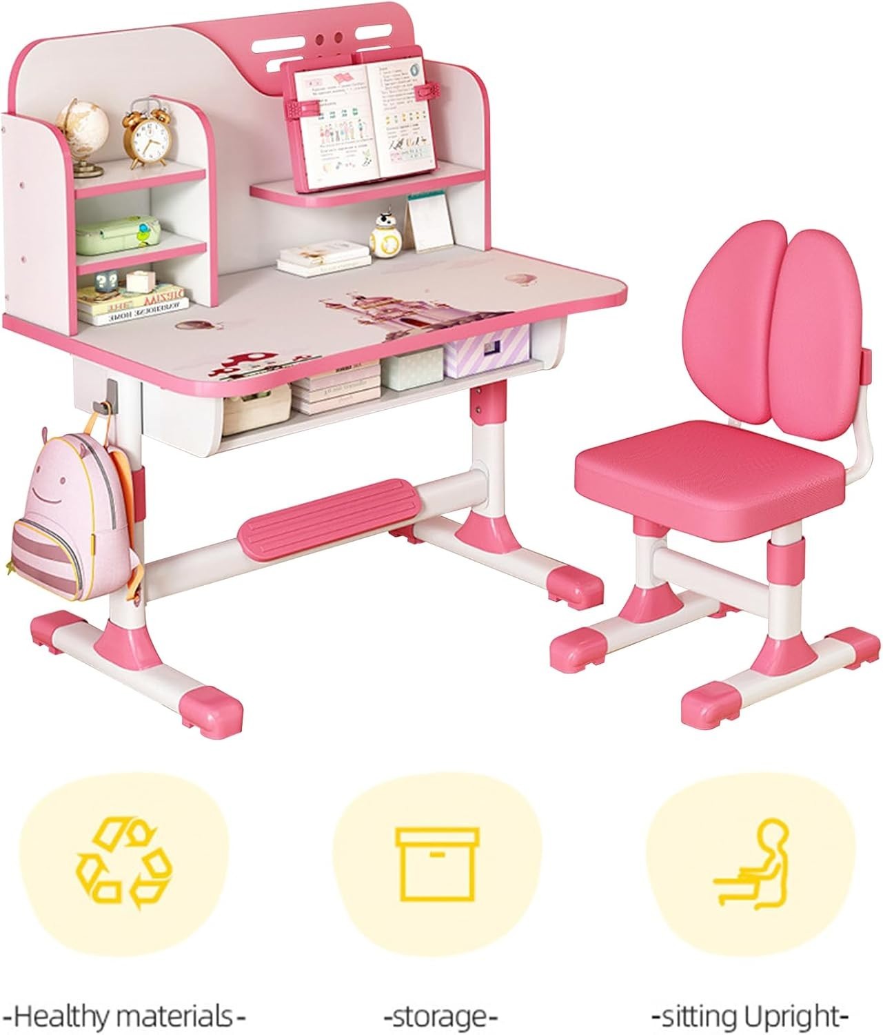 Kids Desk Chair Set Height Adjustable Study Table with Drawer Bookshelf Pink