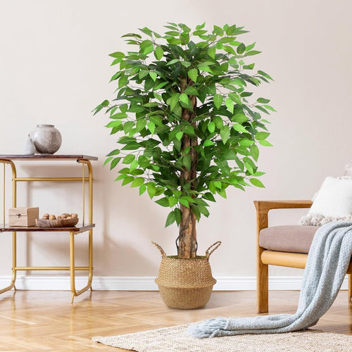 4ft Artificial Ficus Trees Set of 2 Curved Trunk Lush Green Indoor Decor Plants