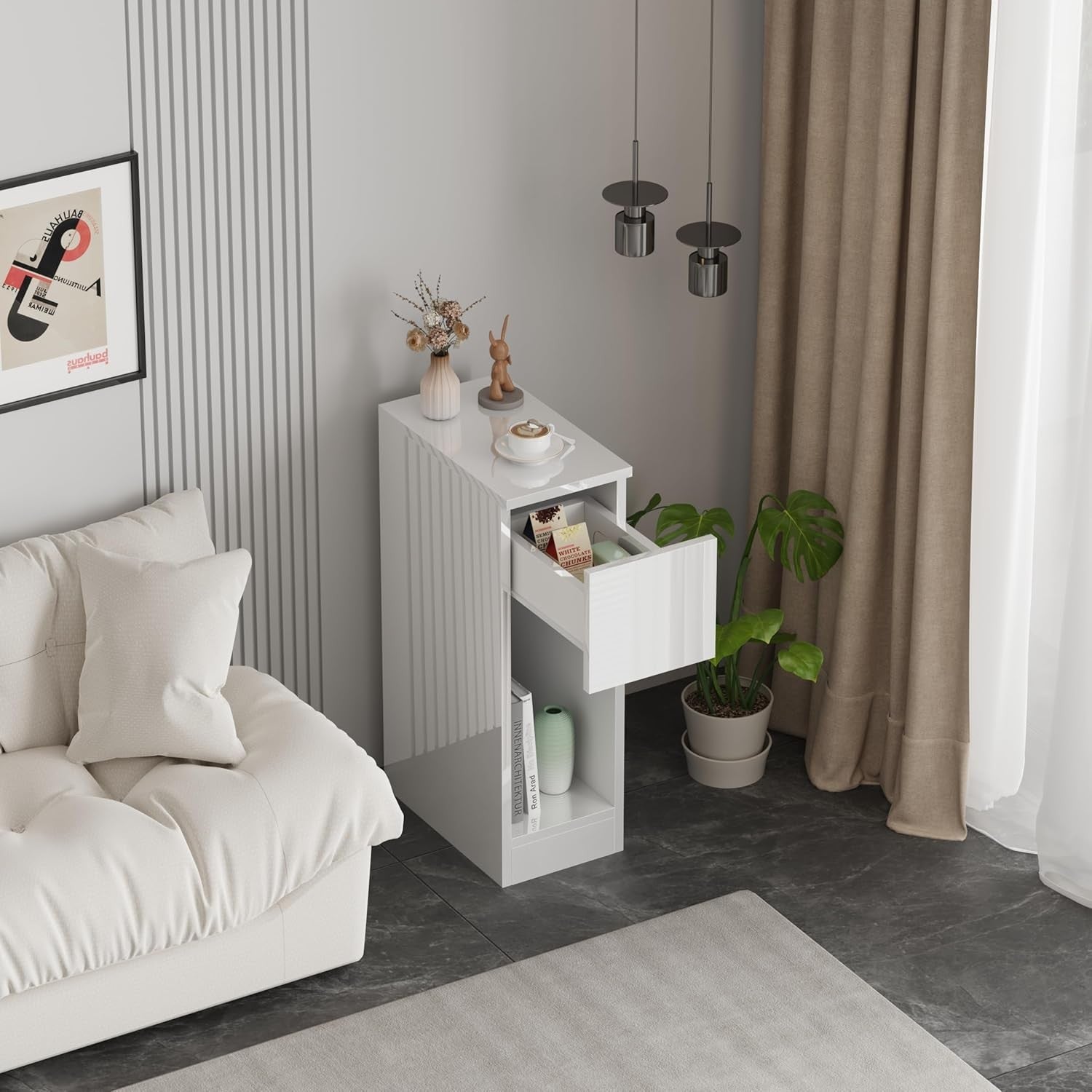 Slim White Bedside Table with Drawer & Shelf – Modern Narrow Nightstand