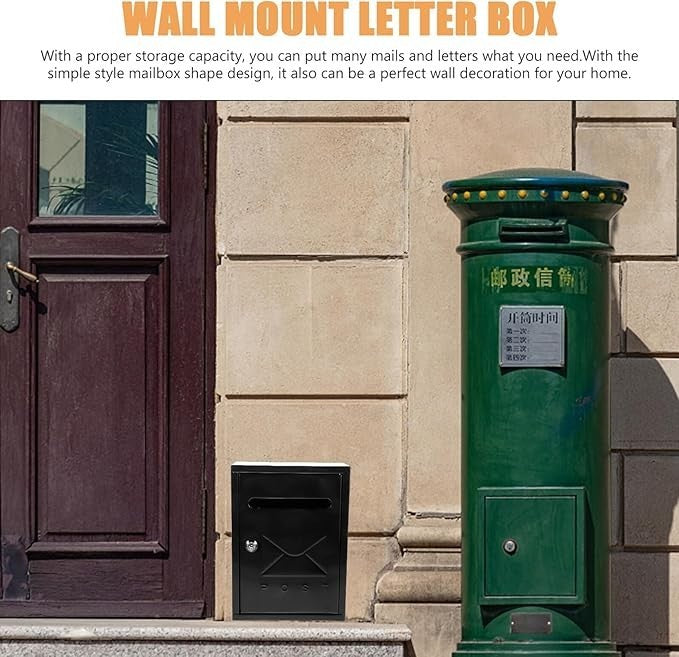 Lockable Wall Mount Mailbox Black Metal Weatherproof Post Box for Home Garden