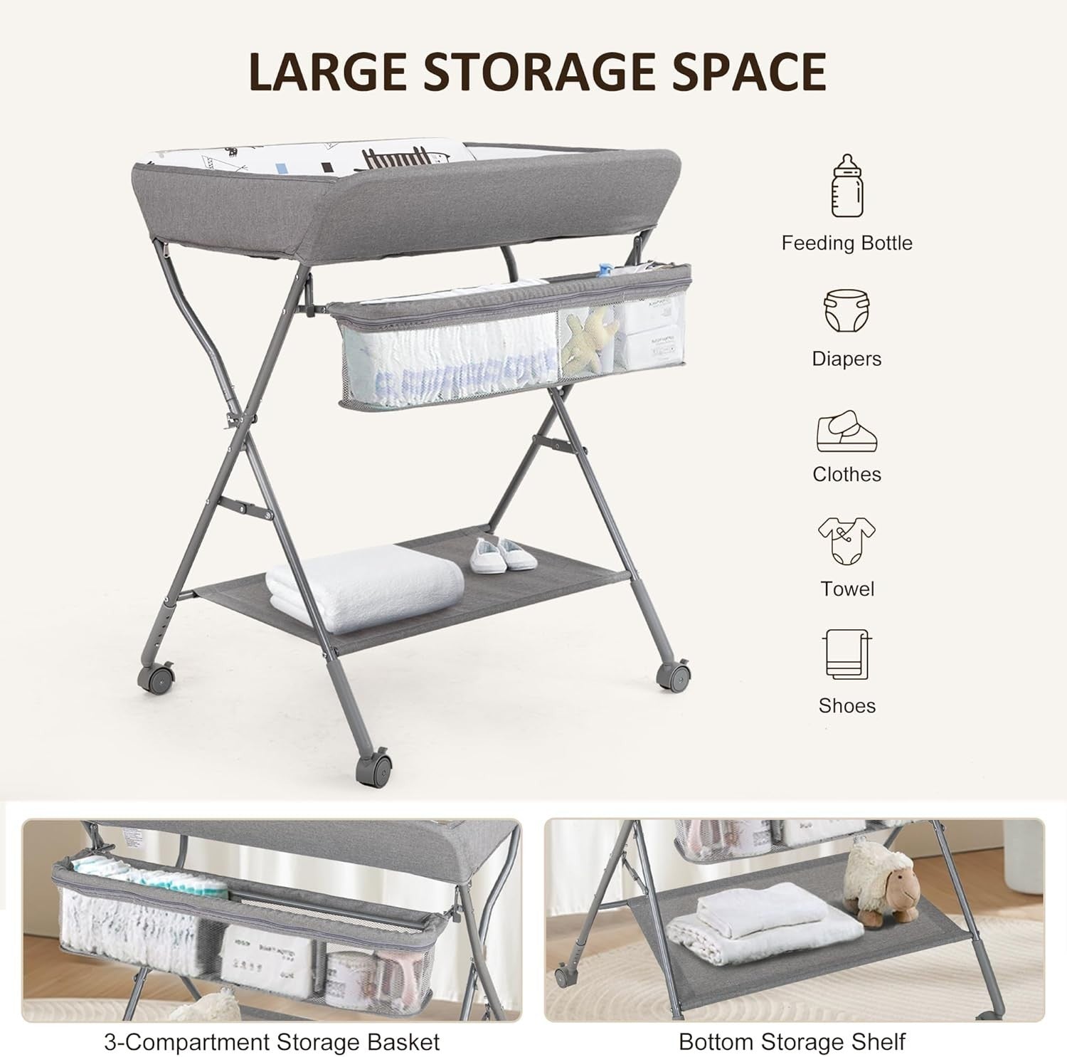 Baby Changing Table Adjustable Folding Diaper Station with Storage Light Grey