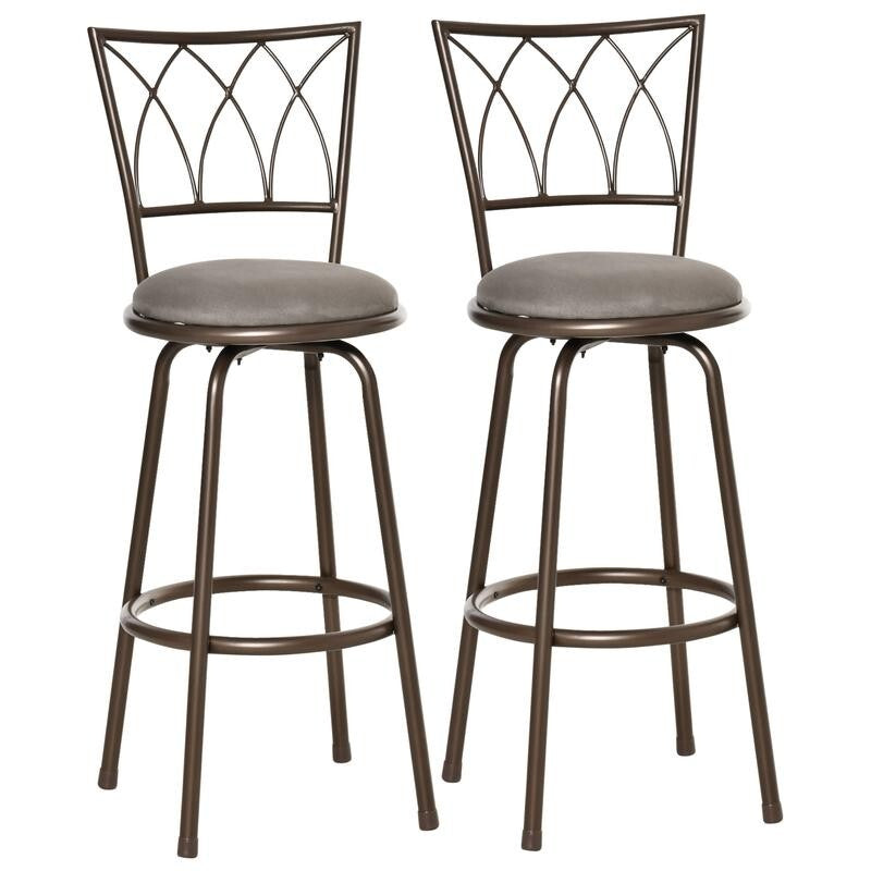 2x Swivel Bar Stools Bronze Suede Seat Kitchen Breakfast Chairs w/ Back