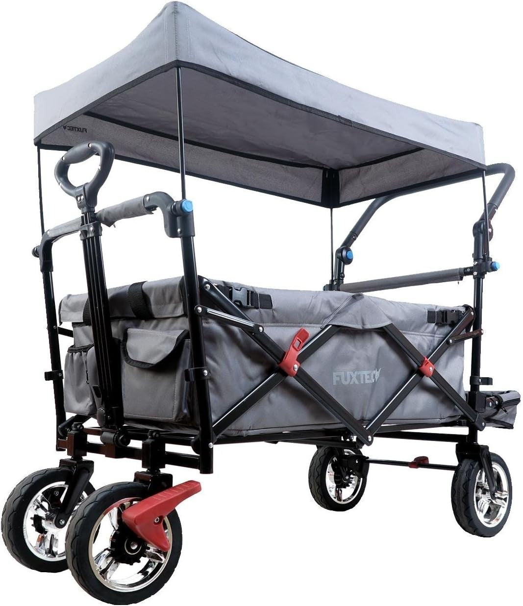 Grey Folding Kids Wagon w/ Roof Push Pull Cart Brakes Solid Wheels & Extension