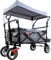 Grey Folding Kids Wagon w/ Roof Push Pull Cart Brakes Solid Wheels & Extension