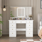 Makeup Vanity Dressing Table White w/ 3-Panel LED Light Mirror & 9 Storage Drawe