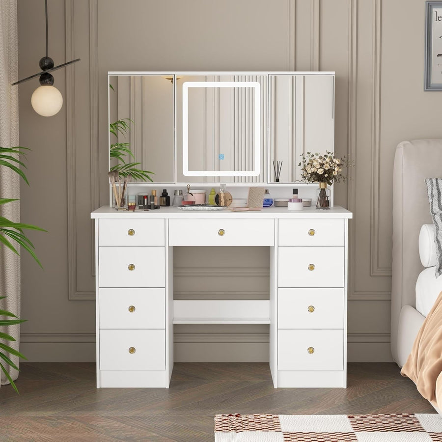 Makeup Vanity Dressing Table White w/ 3-Panel LED Light Mirror & 9 Storage Drawe