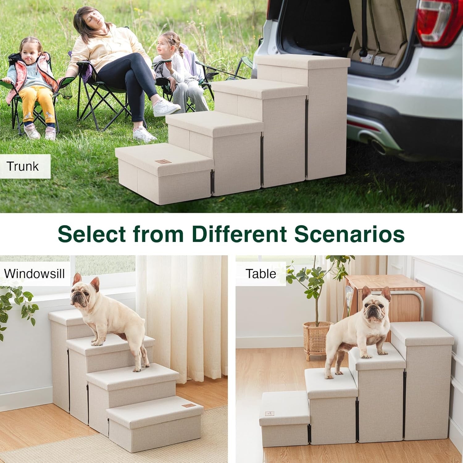 Dog Stairs 4 Step with Storage Foldable Pet Steps Beige 200lb