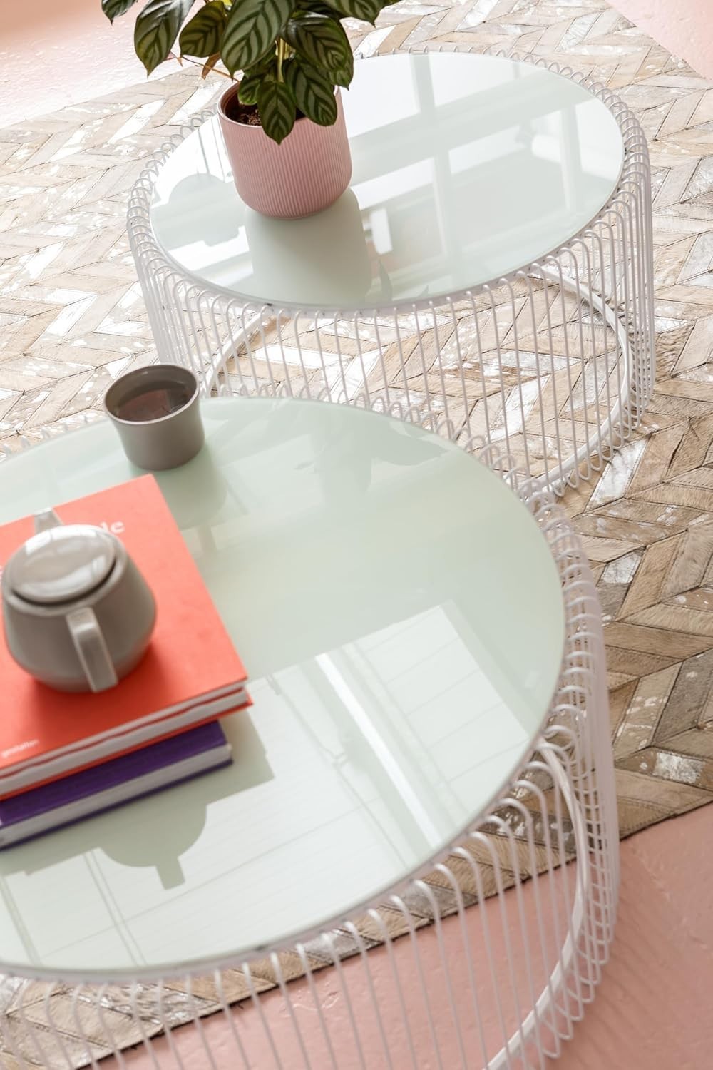 Modern White Round Side Table Set of 2 – Safety Glass Top, Steel Frame