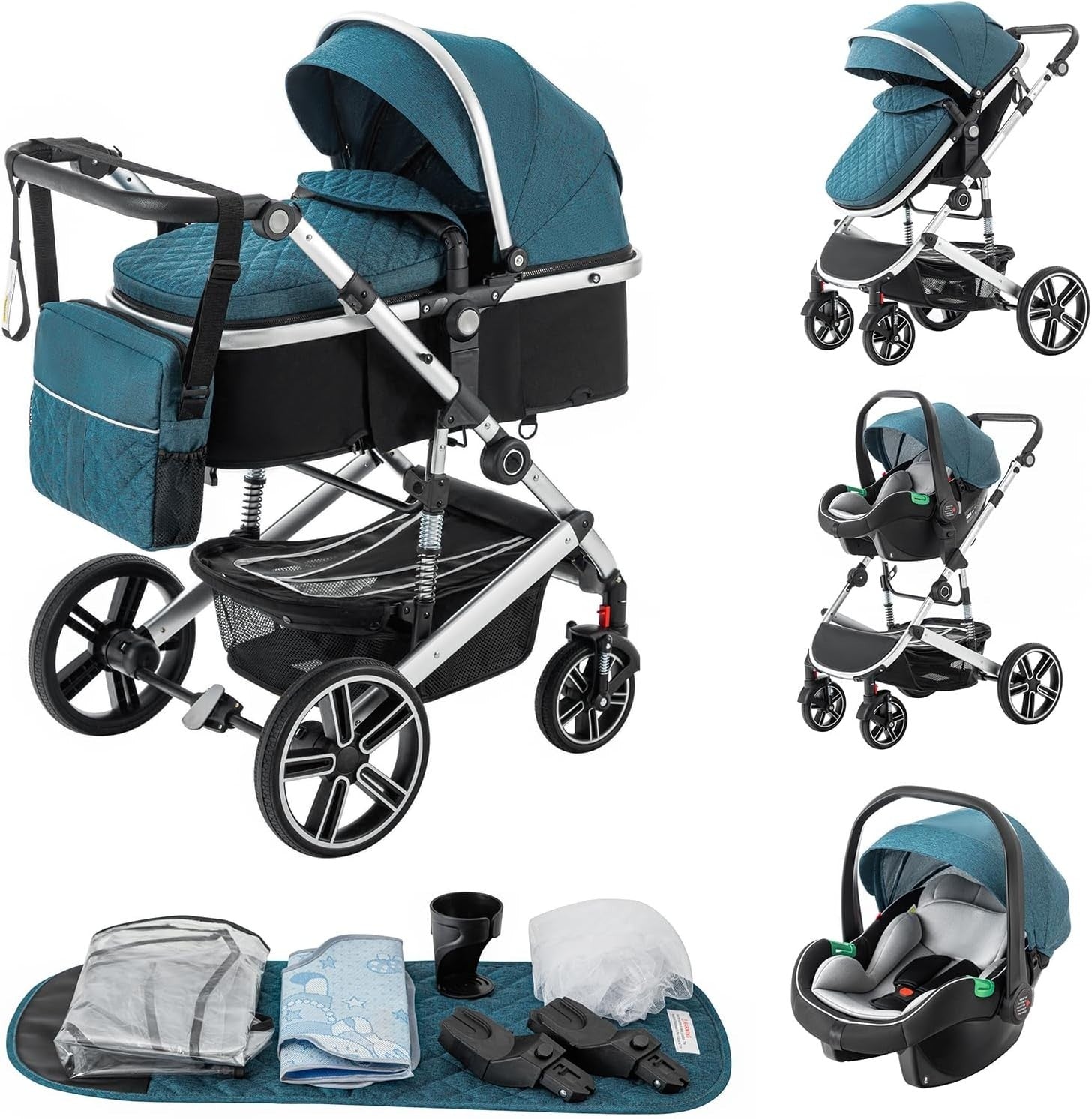 3-in-1 Baby Stroller Travel System Pram Car Seat Pushchair Blue Aluminium