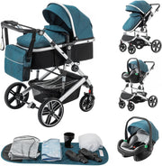 3-in-1 Baby Stroller Travel System Pram Car Seat Pushchair Blue Aluminium
