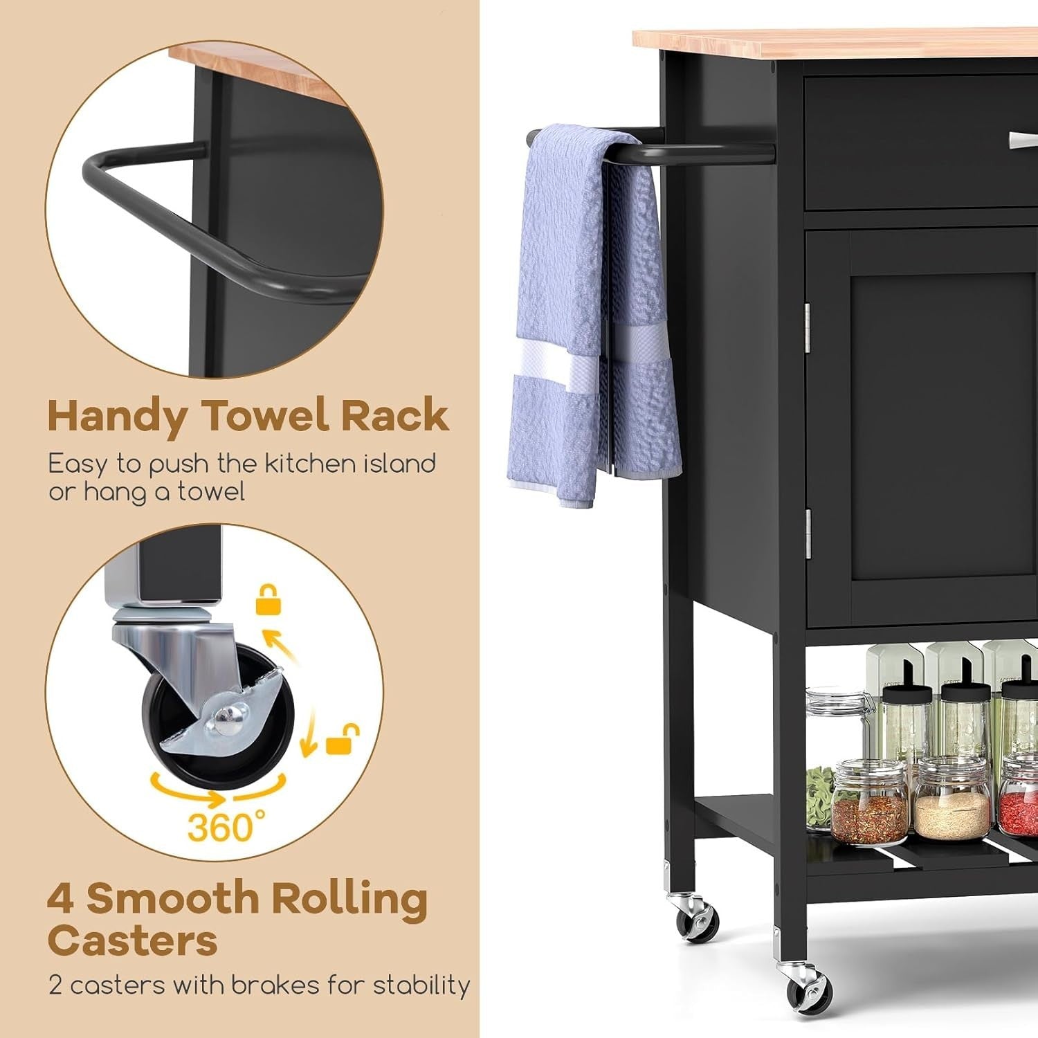Kitchen Island Trolley with 2-Door Cabinet & Drawer Black 73x48x90cm