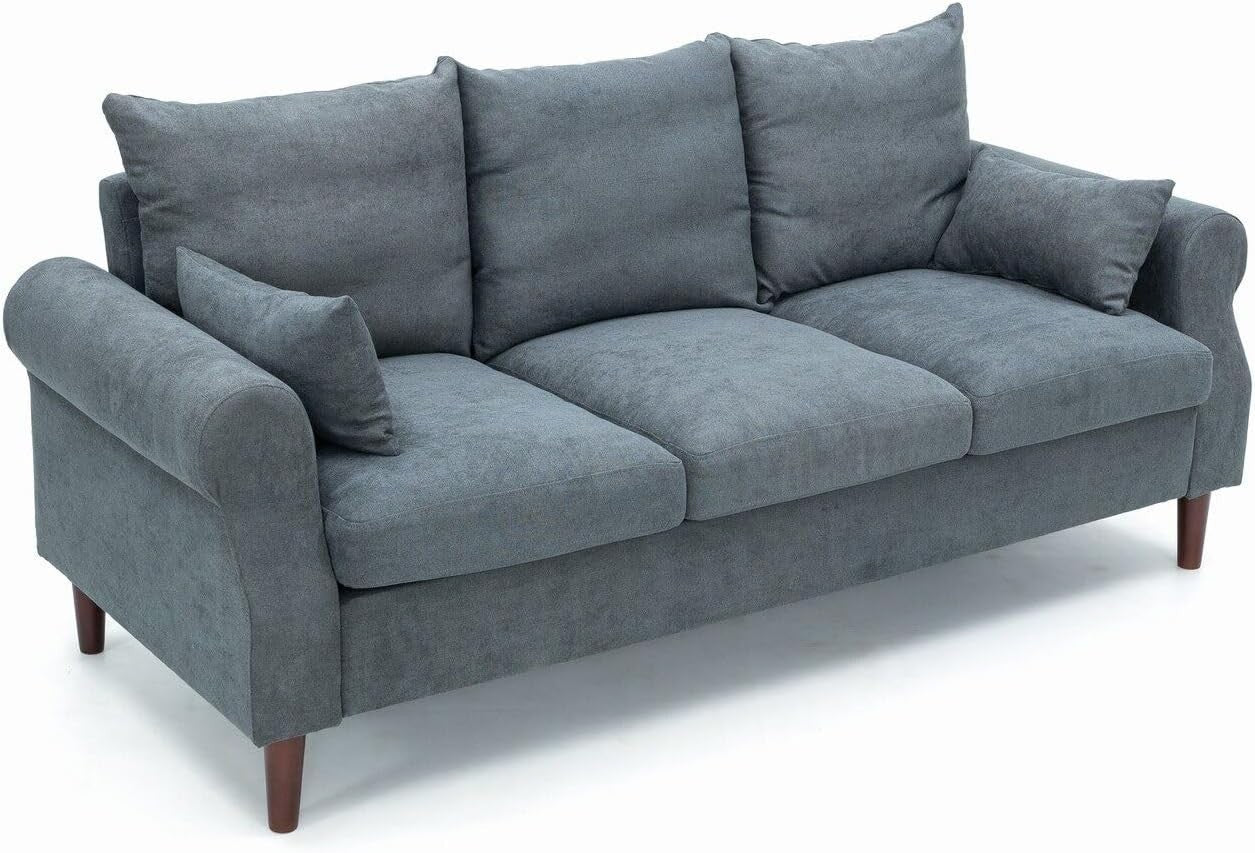 3 Seater Grey Linen Sofa Couch | Modern Fabric Settee Wood Legs