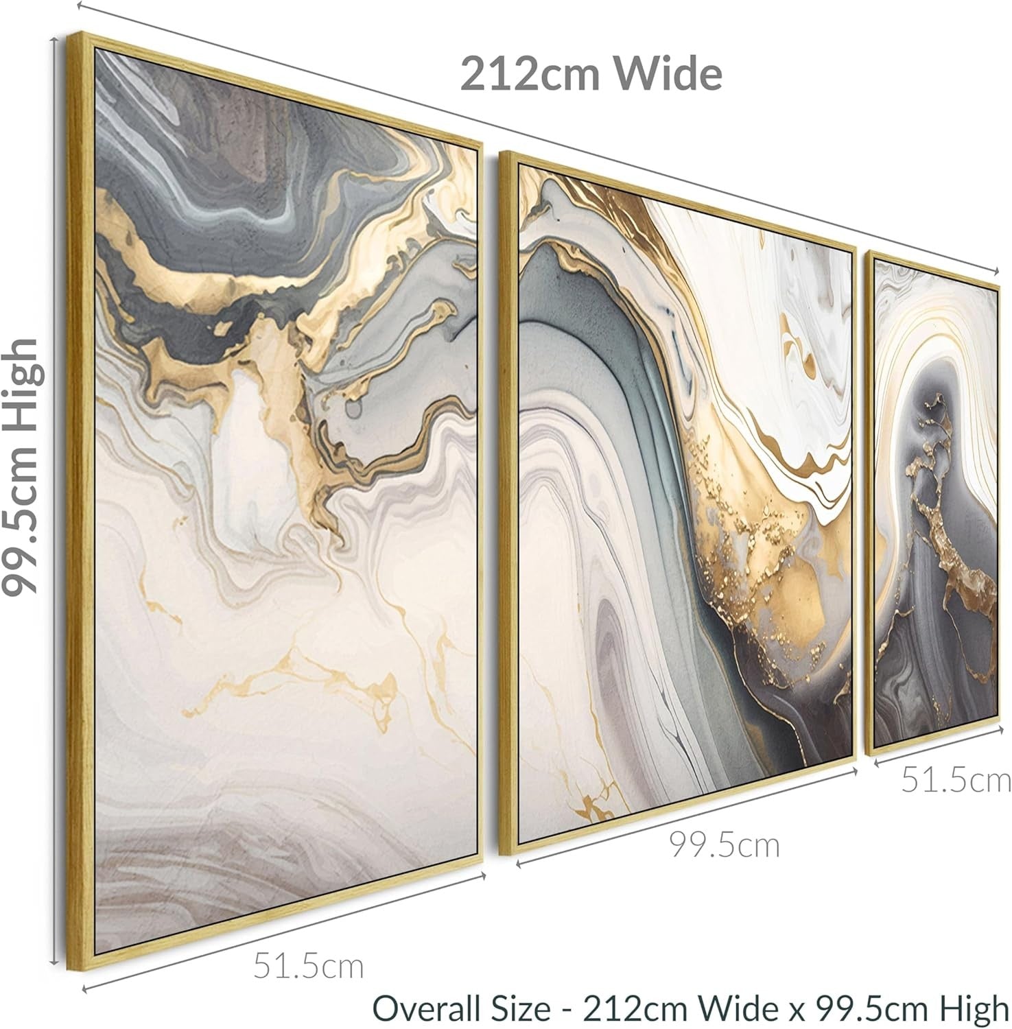 3Pcs Large Grey & Gold Abstract Wall Art – Modern Framed Canvas 212cm