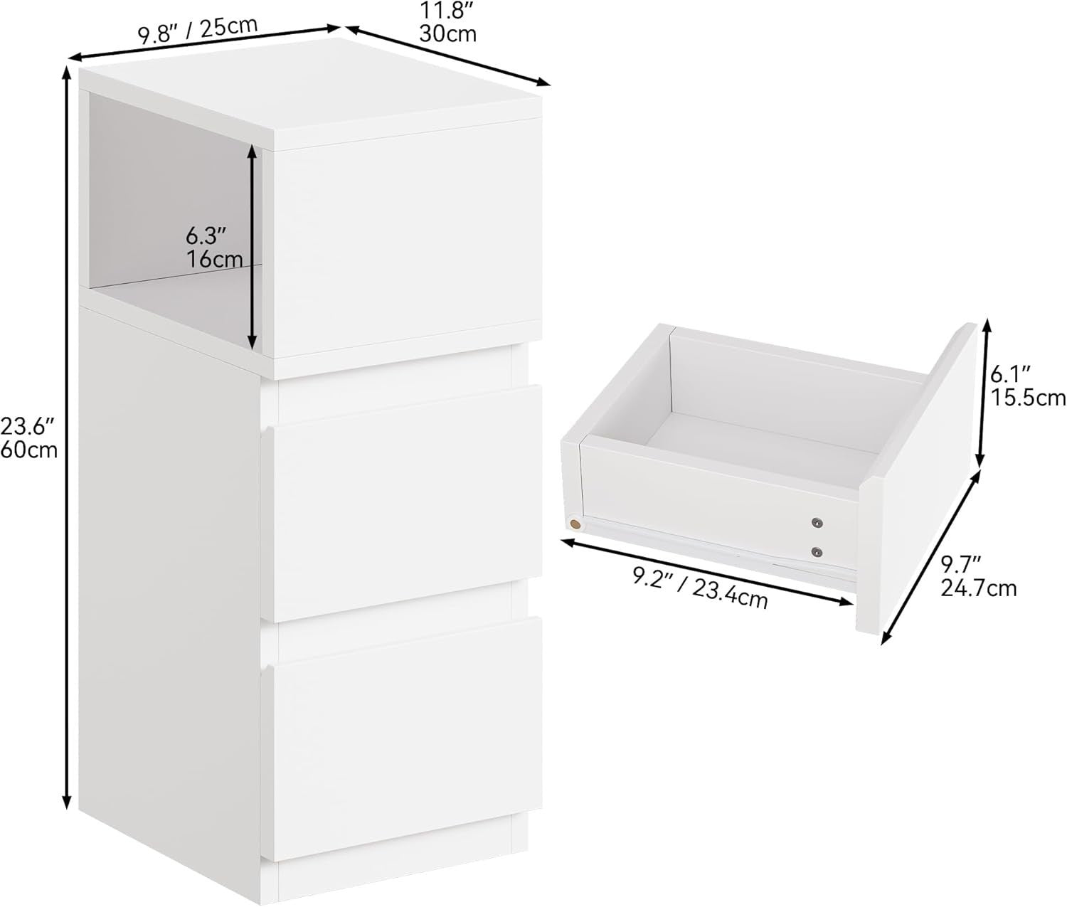 Slim LED Bedside Table with 2 Drawers – Modern White Nightstand Open Storage