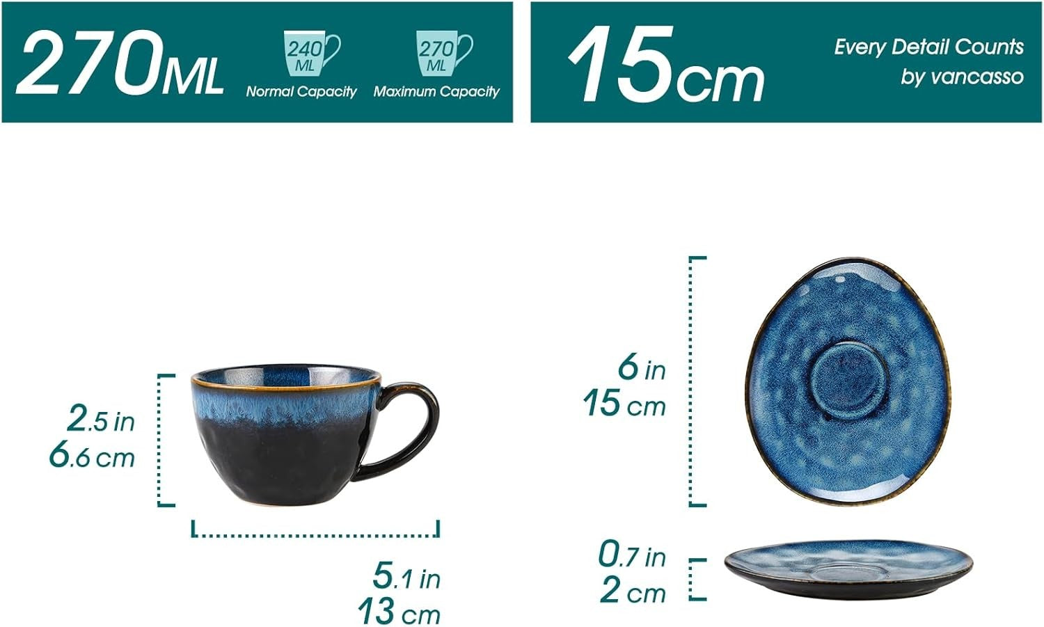 8pc Ceramic Coffee Cup & Saucer Set 270ml Blue Espresso Tea Cups