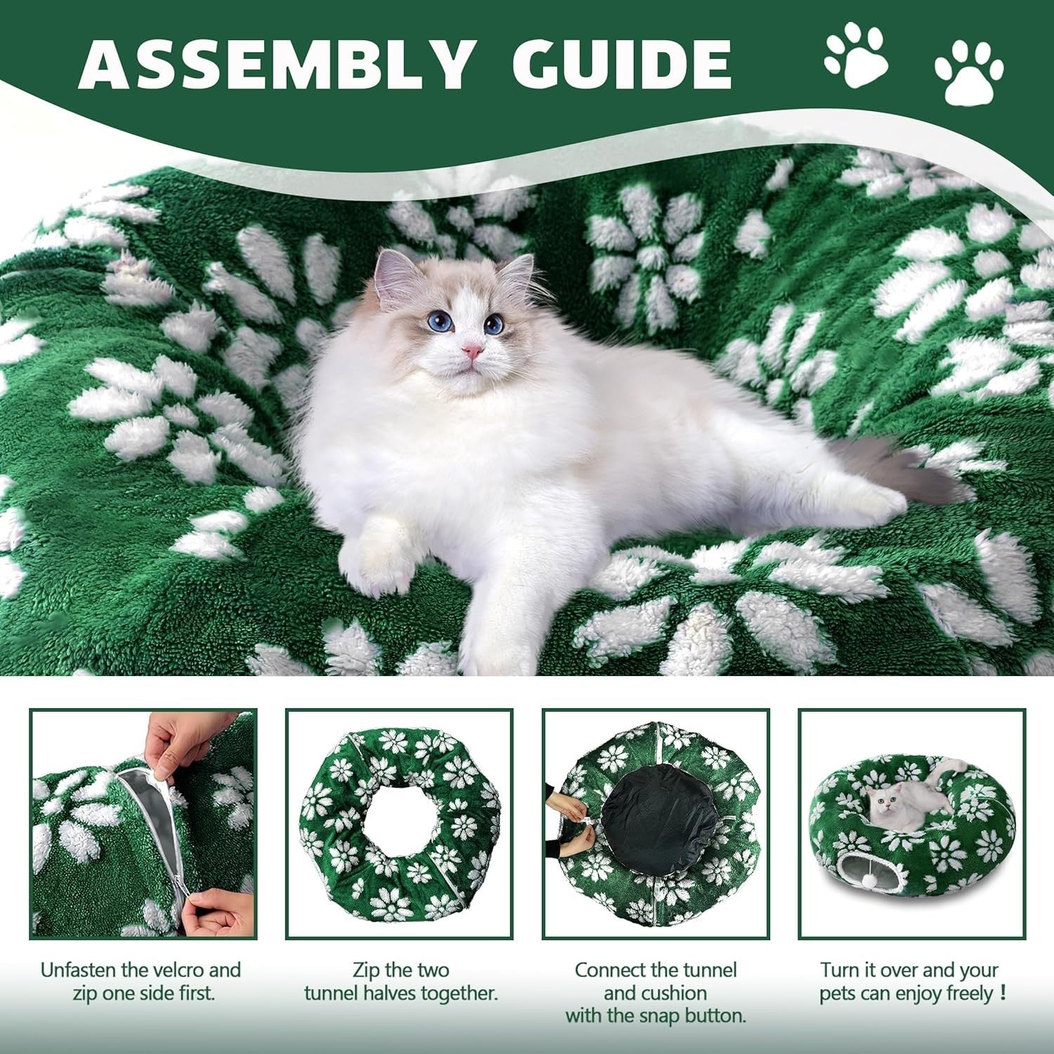 Cat Donut Tunnel Bed Peekaboo Cave w Cushion & Hanging Ball Green