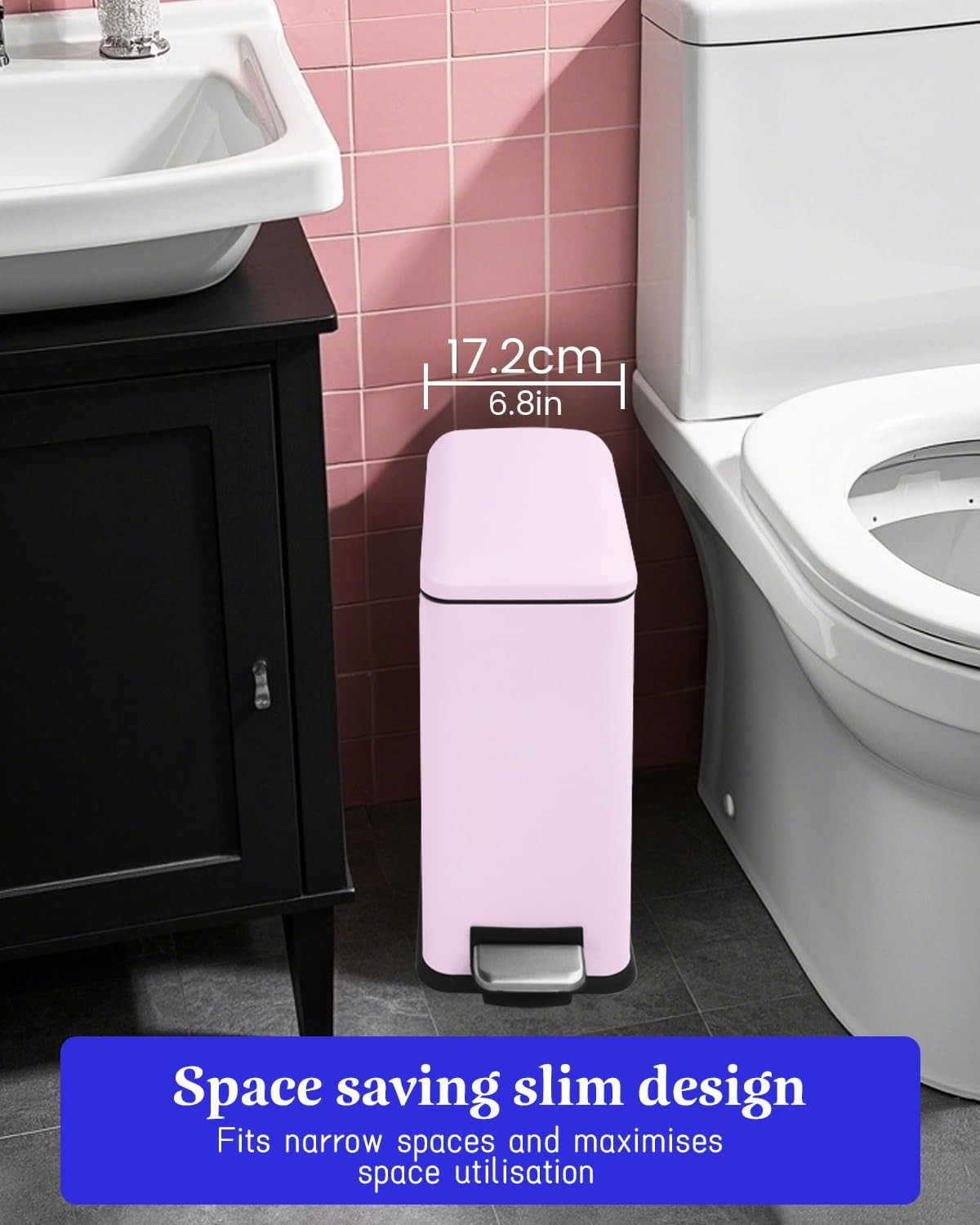 10L Pink Stainless Steel Pedal Bin Slim Bathroom Soft Close Lid