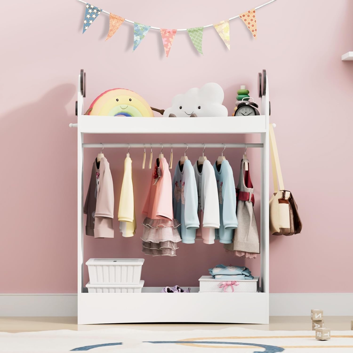 Kids Wardrobe with Mirror & Hanging Rail, Open Storage No Drawer White