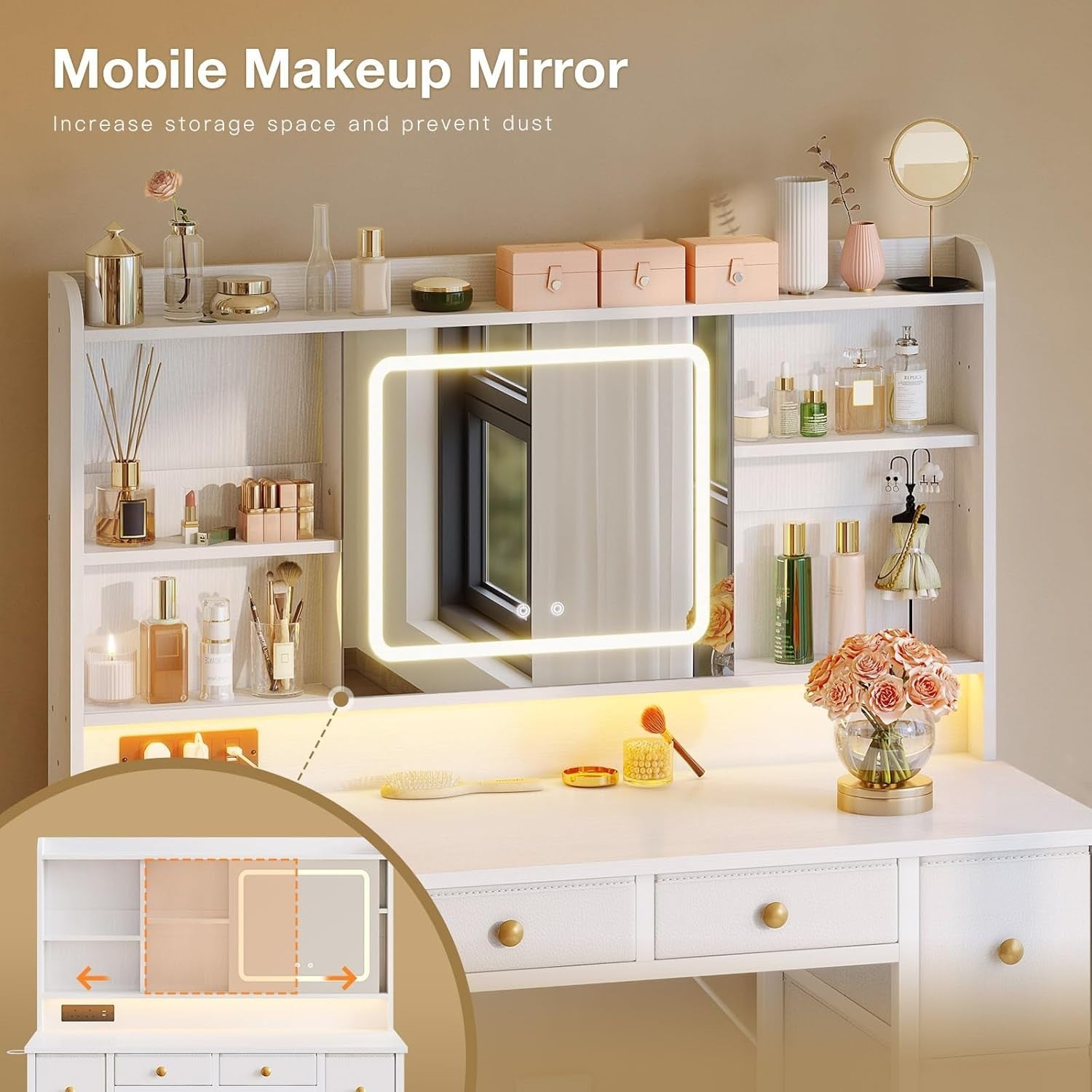 Modern Dressing Table w/ LED Mirror Power Outlet 8 Drawers & Chair White