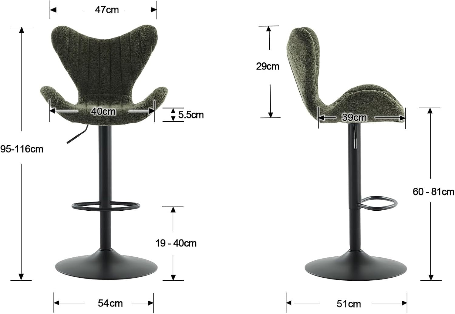 Green Wing-Back Bar Stools Set of 2 | Polyester Seat, Swivel & Adjustable