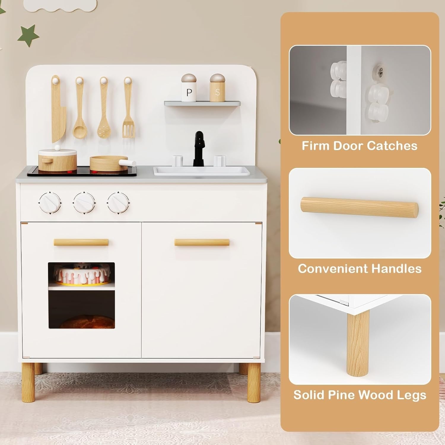 Wooden Kids Play Kitchen White w/ Lights Sounds Oven Accessories