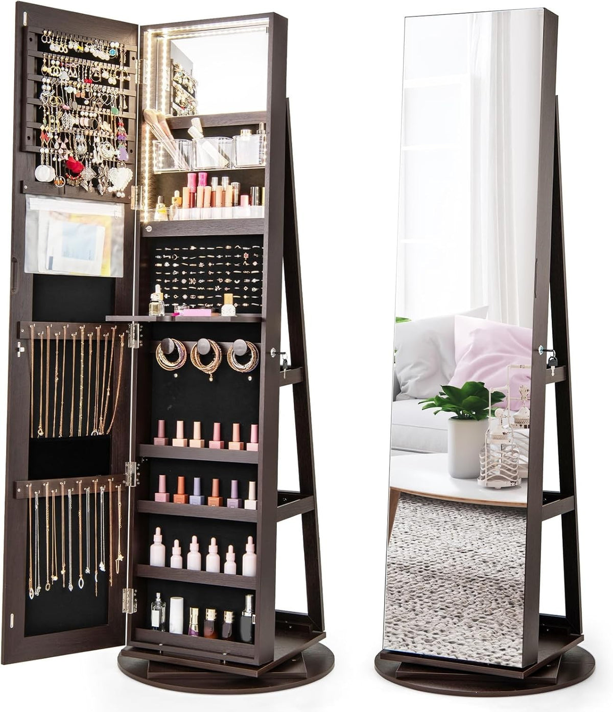 Coffee Brown Rotating Jewelry Cabinet LED Mirror Lockable Storage