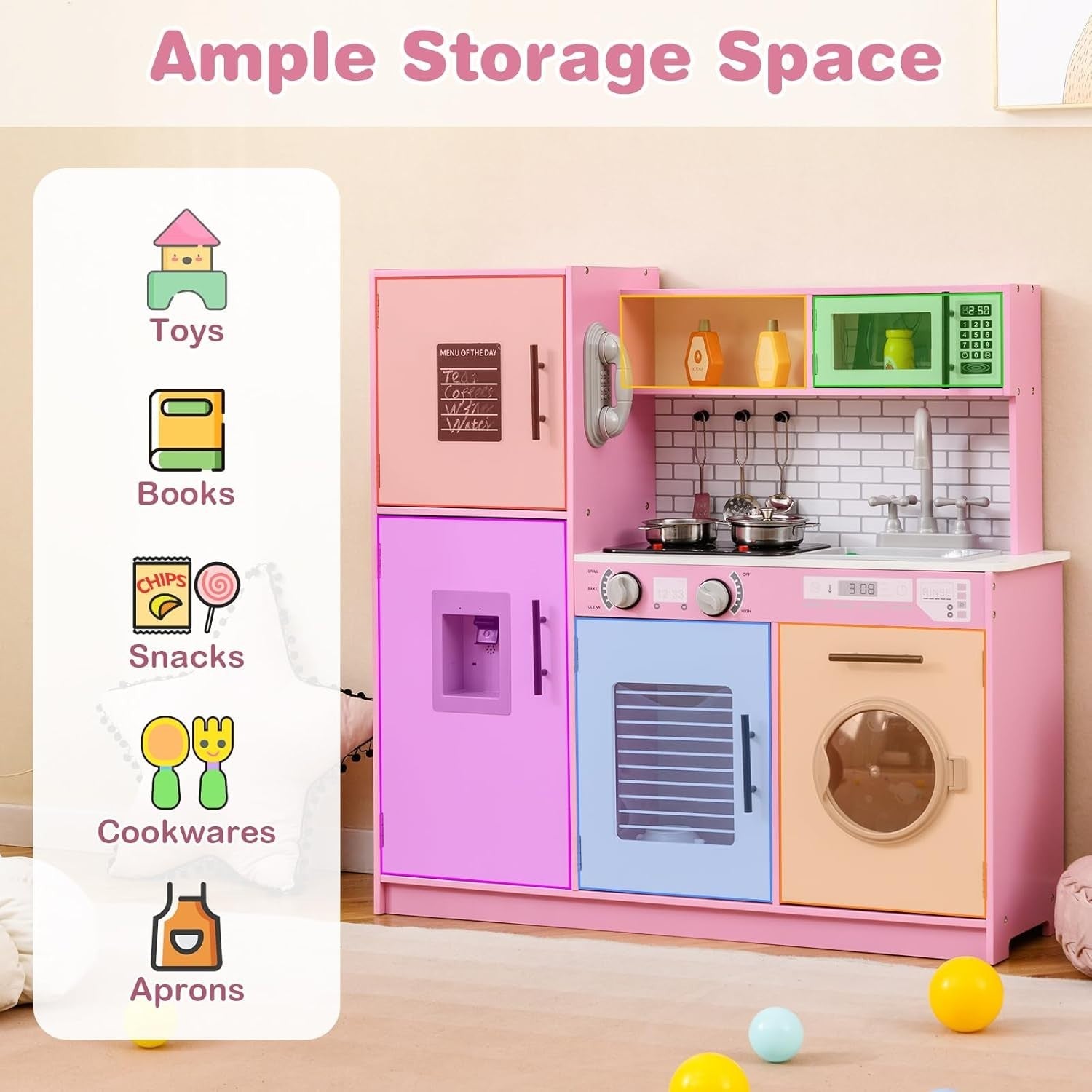Kids Wooden Play Kitchen Set w/ Lights Sounds Oven Microwave Pink