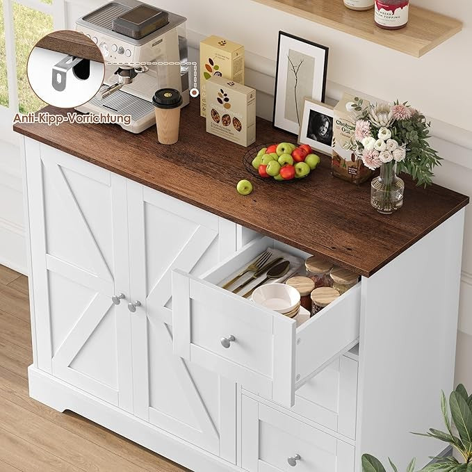 White & Brown Sideboard Cabinet with 3 Drawers & 2 Doors, Wooden Storage Unit