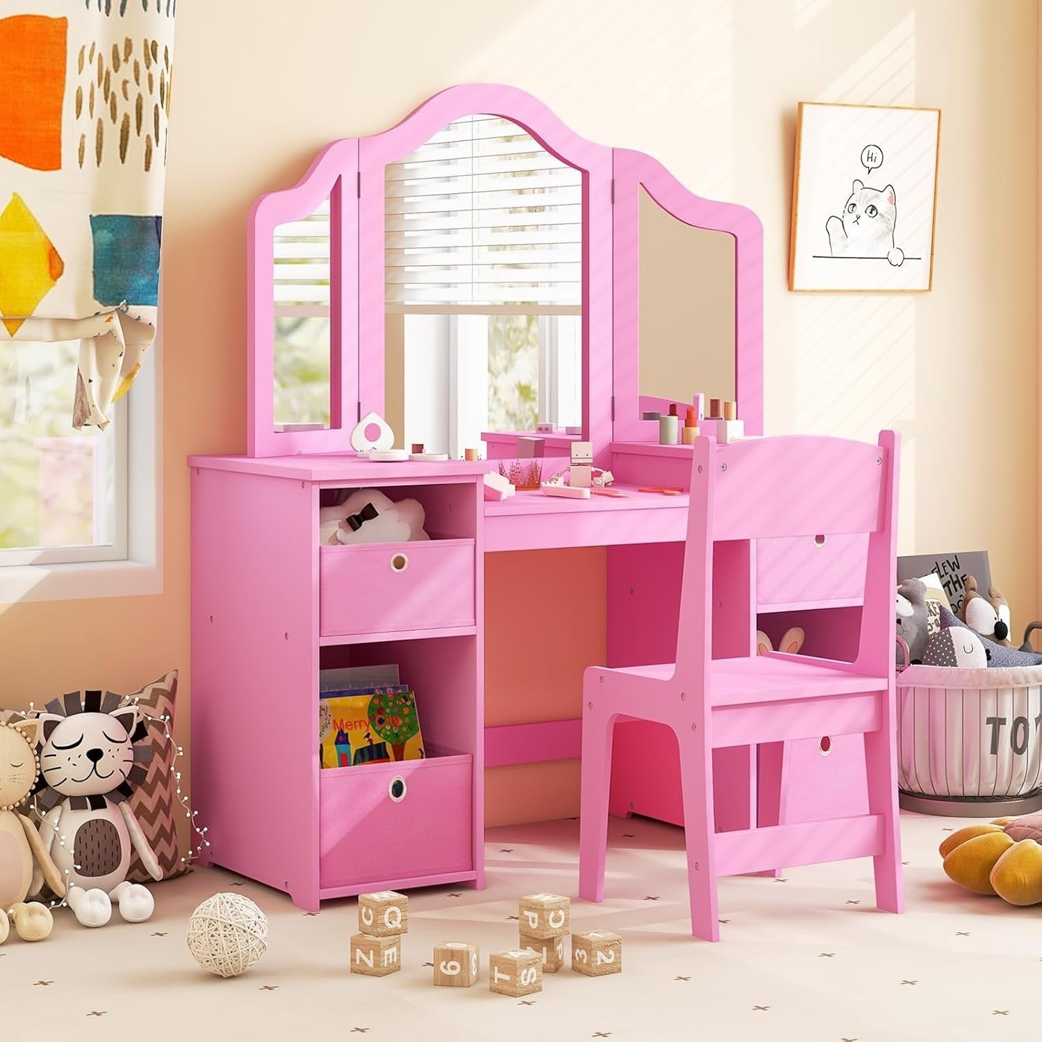 Kids Vanity Table with Tri-Folding Mirror & Storage Bins, Pink Wooden Set