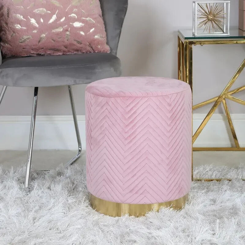 Pink Velvet Round Footstool Ottoman Pouffe Seat Gold Base Modern Decor