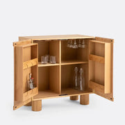 Oak Bar Storage Cabinet with Fluted Doors & Glass Bottle Racks