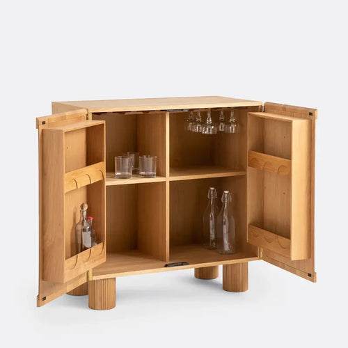 Oak Bar Storage Cabinet with Fluted Doors & Glass Bottle Racks