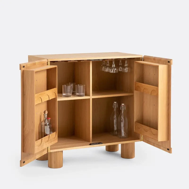 Oak Bar Storage Cabinet with Fluted Doors & Glass Bottle Racks