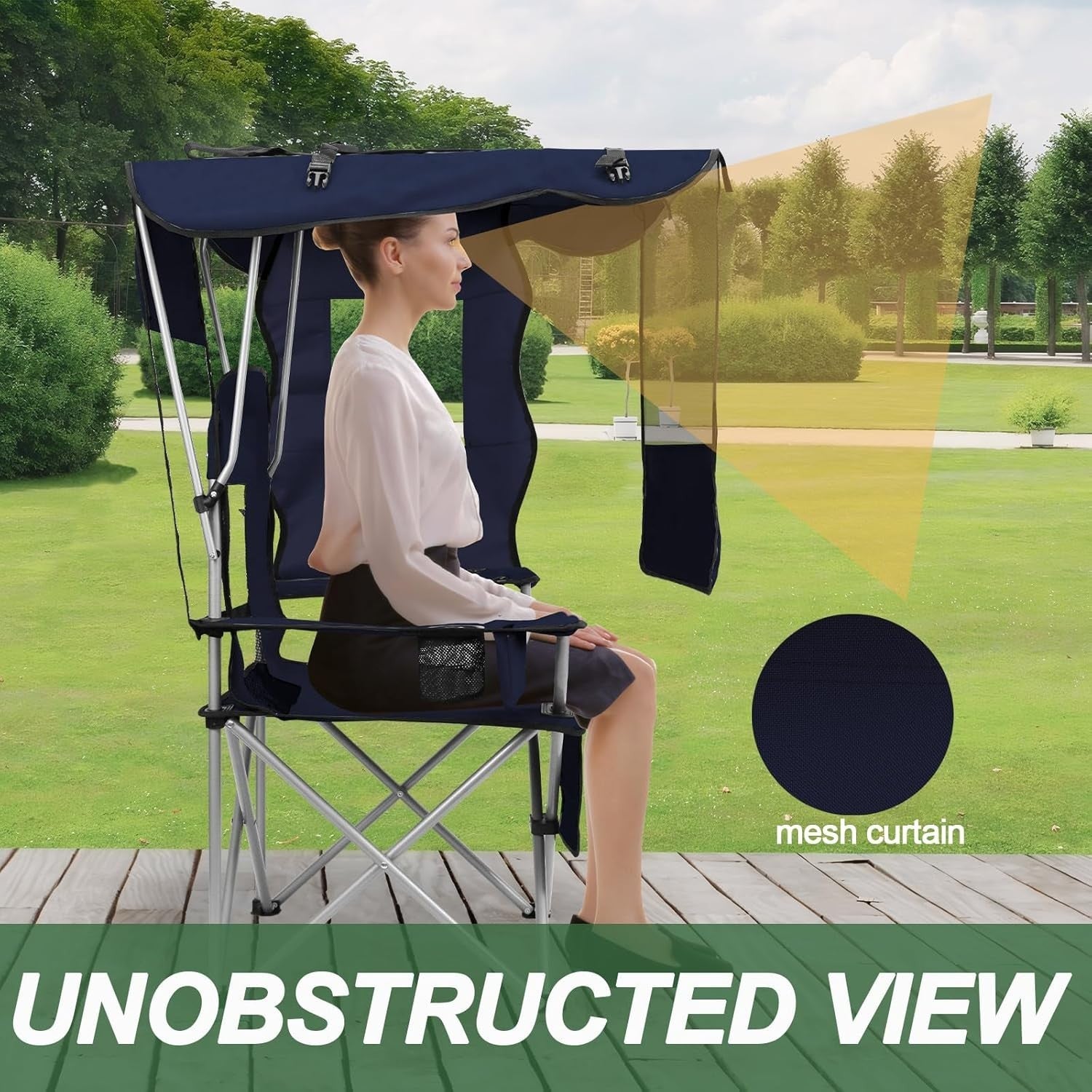 Foldable Beach Camping Chair with Canopy Shade, Cooler Bag & Cup Holders