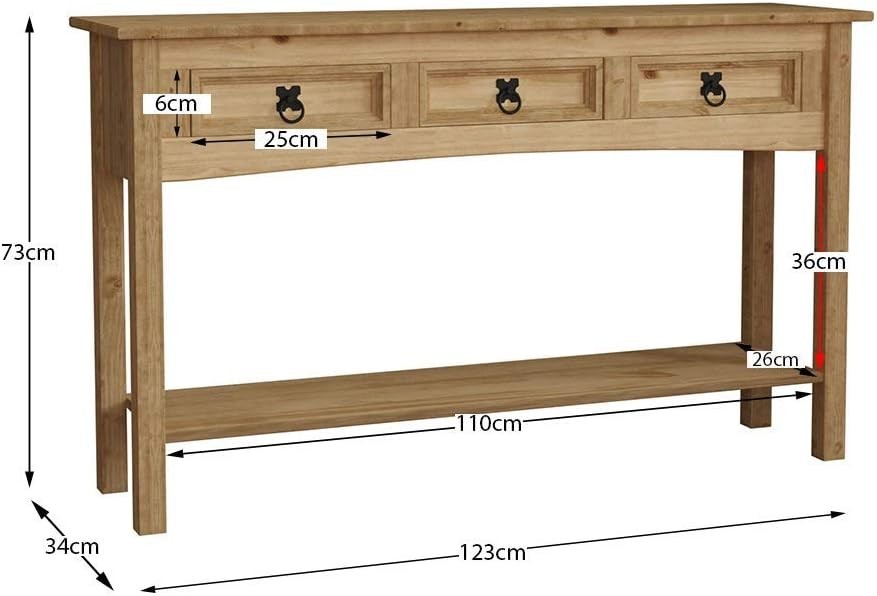 Solid Pine Wood Console Table 3 Drawers with Shelf, Rustic Storage