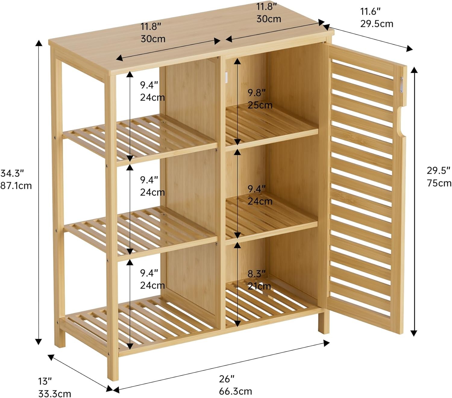 Natural Bamboo Storage Cabinet with Door & Shelves Modern 63x33x87cm