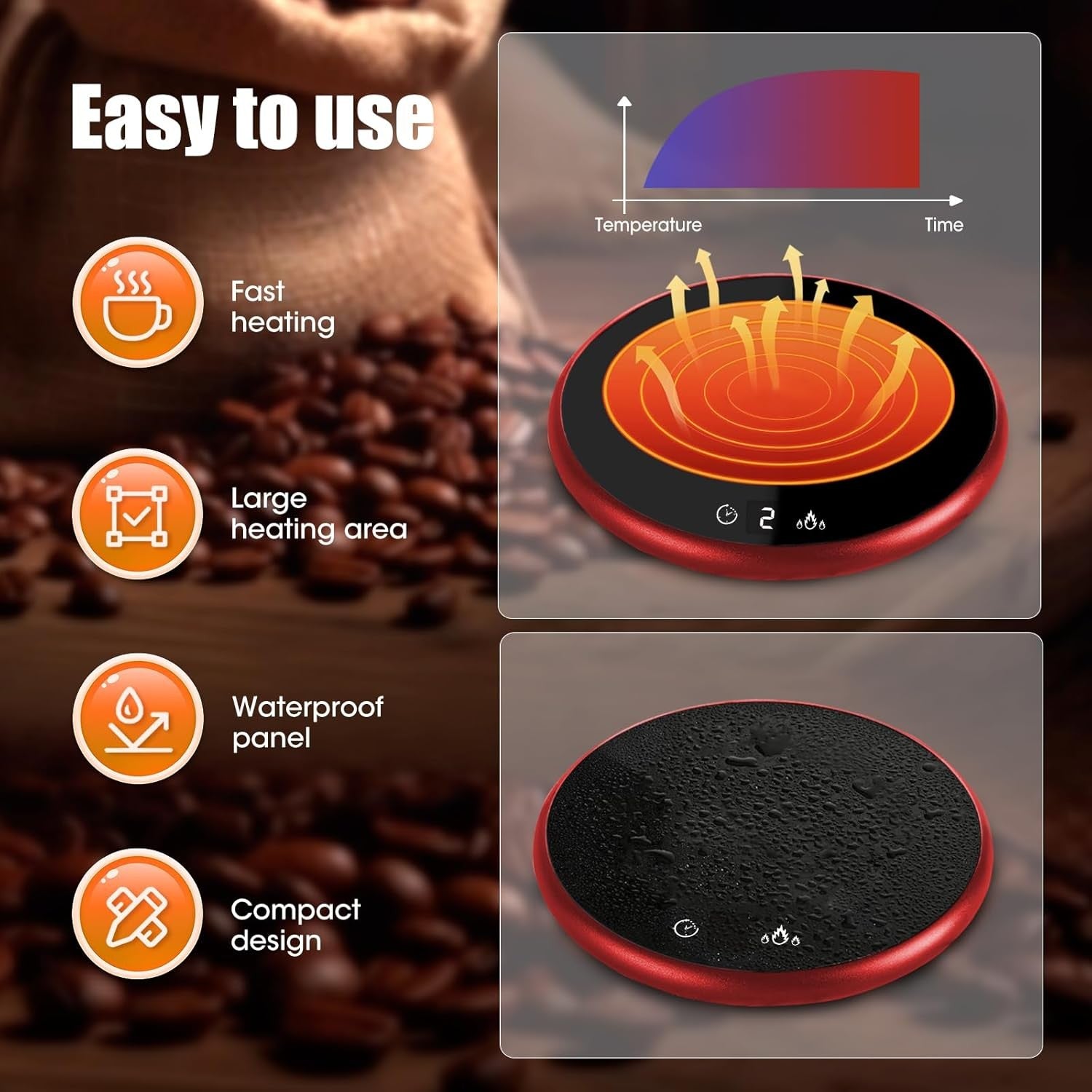 Smart Coffee Mug Warmer – Touch Control, LED Display, Red