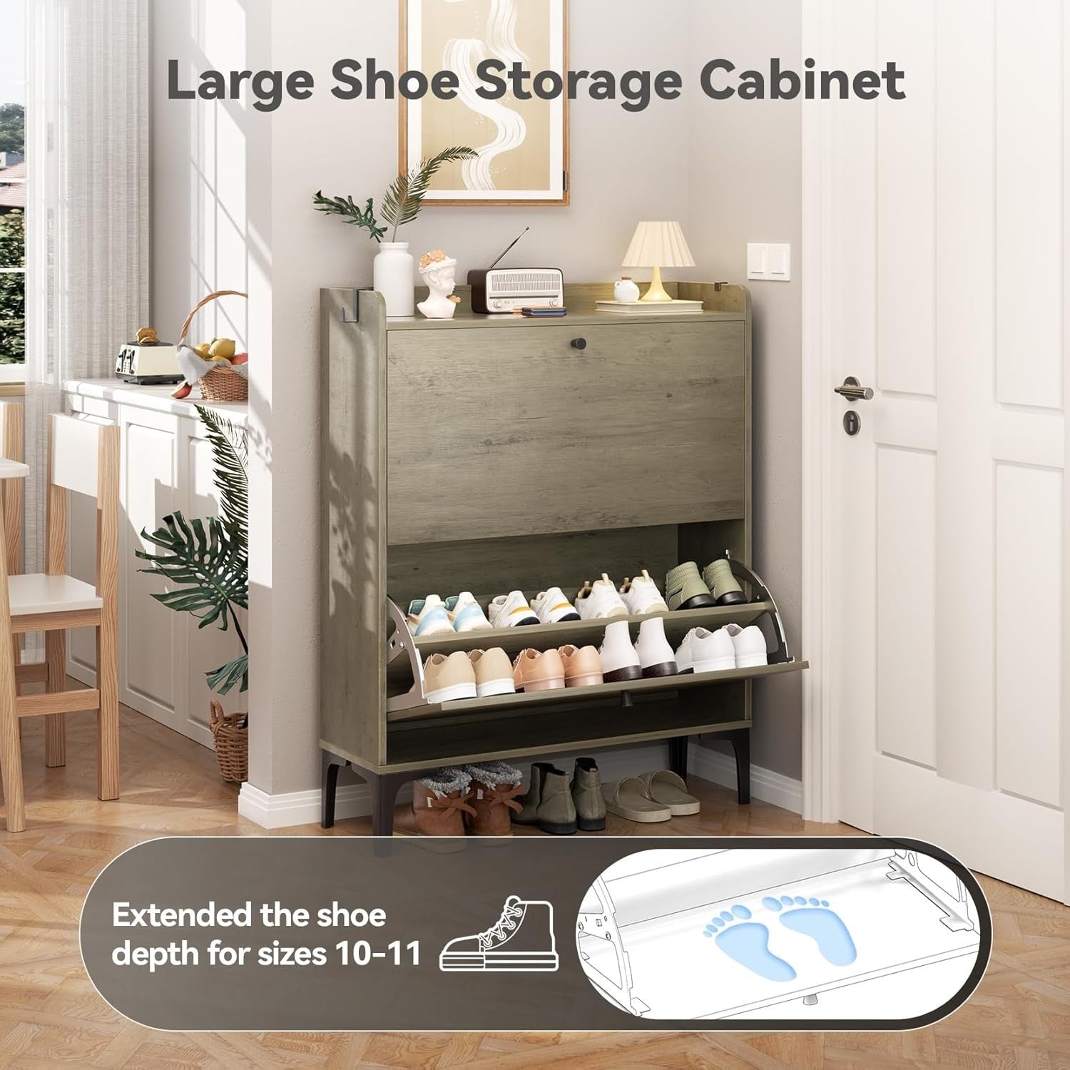 Grey 2 Drawer Shoe Cabinet Flip Storage Unit with Adjustable Dividers 80x24x100