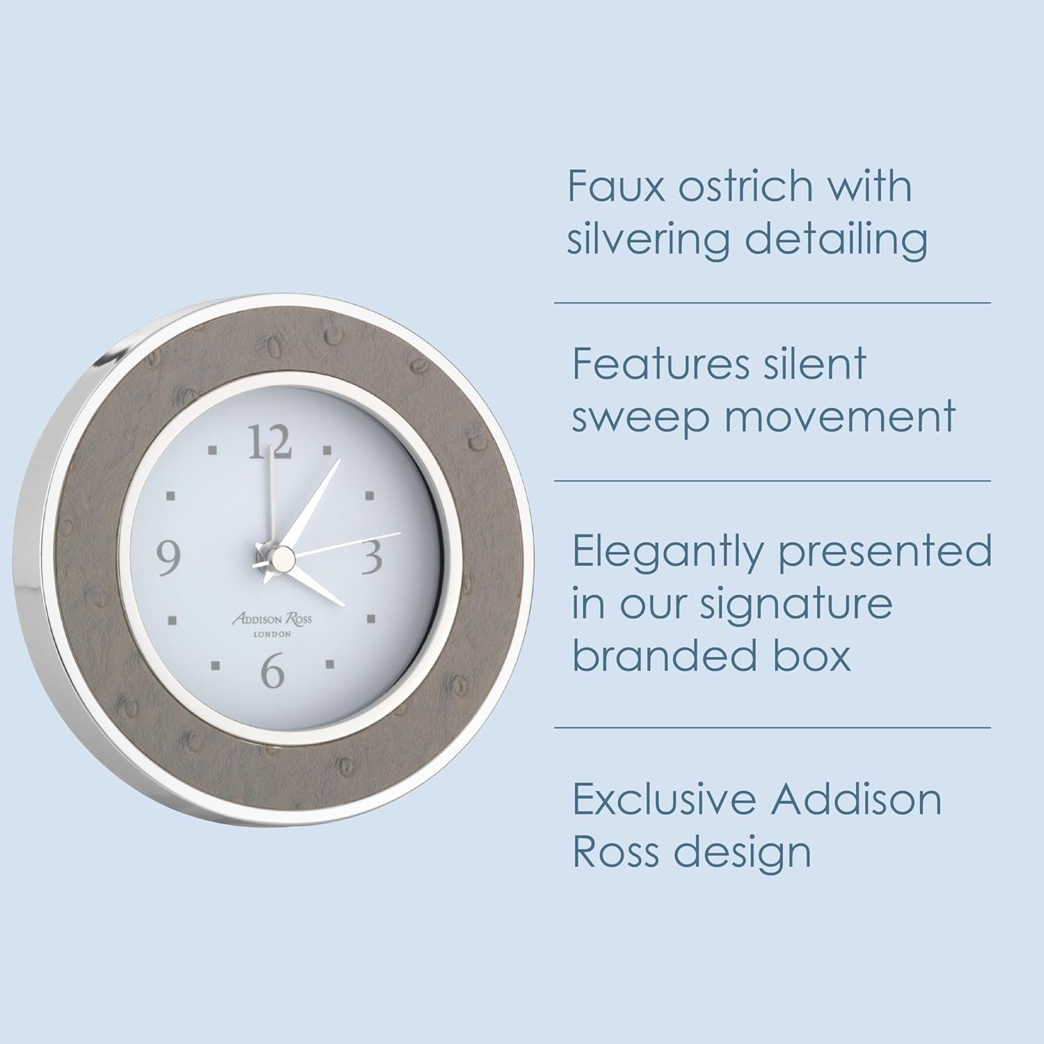 Silent Sweep Alarm Clock Grey Faux Ostrich Modern Bedside Clock