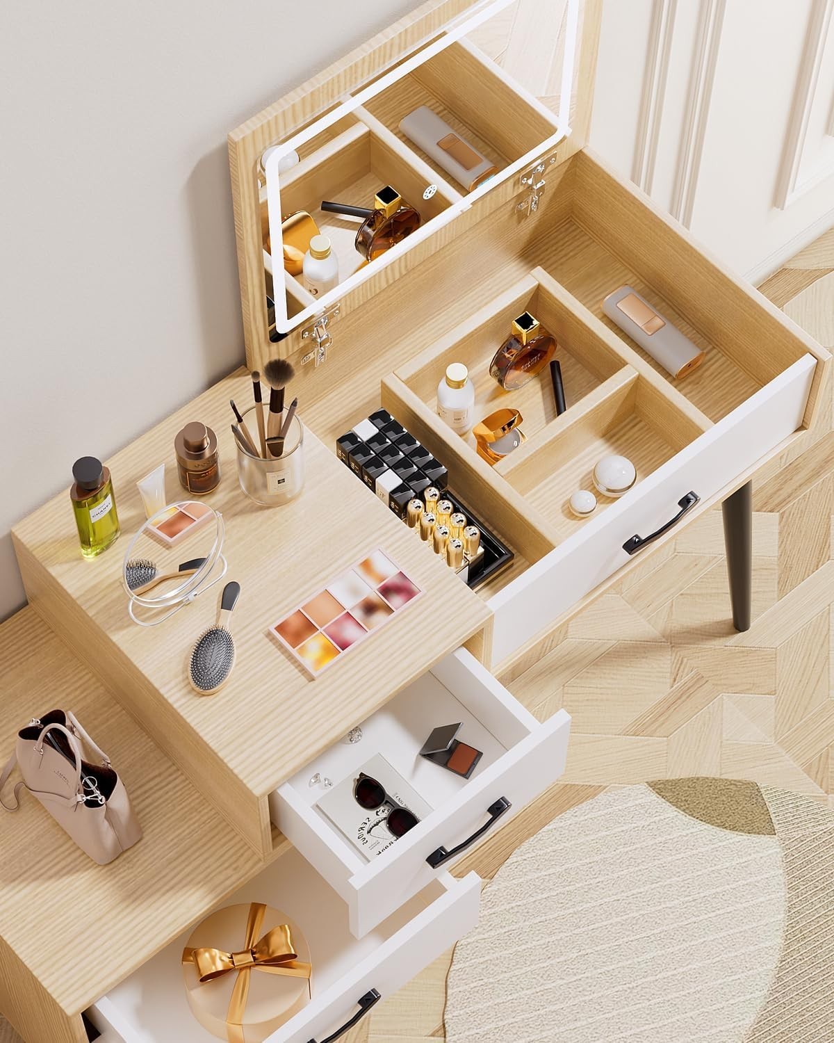 Adjustable Vanity Dressing Table Makeup Desk LED Mirror Storage Drawers