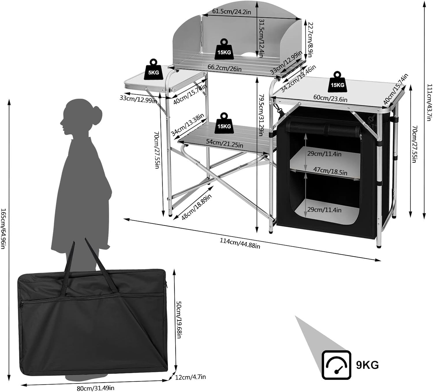 Folding Camping Kitchen Table | BBQ Cooking Unit with Cupboards & Bag