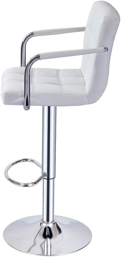White Swivel Bar Stool with Armrest Adjustable Height Kitchen Counter Chair