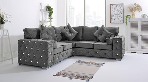 Steel Plush Velvet 5-Seater Corner Sofa With Pillows – Milton Diamond Tufted
