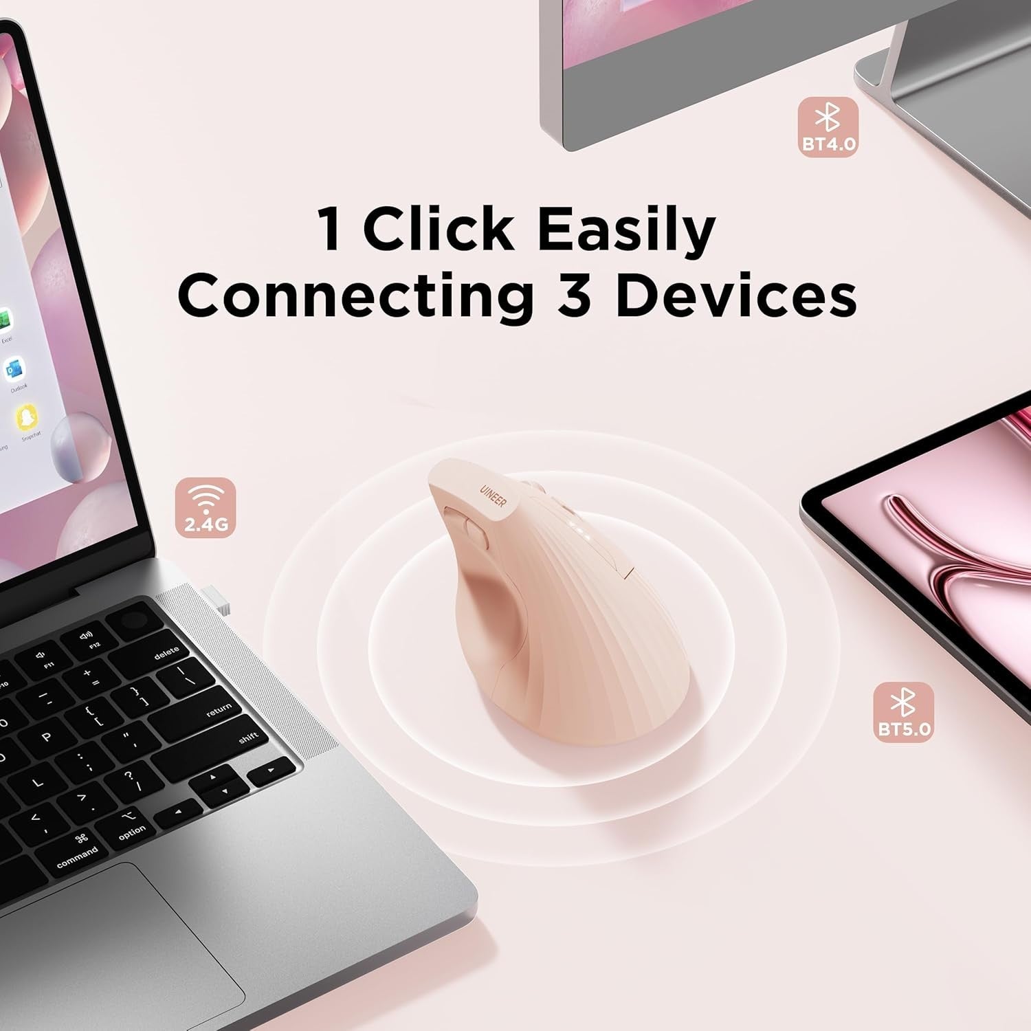 Vertical Wireless Ergonomic Mouse Bluetooth Rechargeable Pink