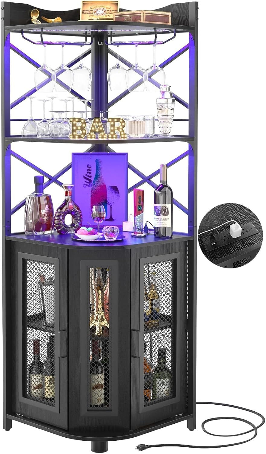 Corner Bar Cabinet with LED Lights & Power Outlets, 5-Tier Liquor Display