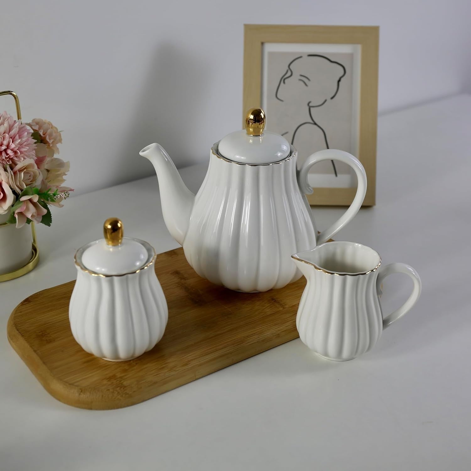 Porcelain Tea Set Teapot Milk Jug Sugar Bowl White Coffee Tea Set