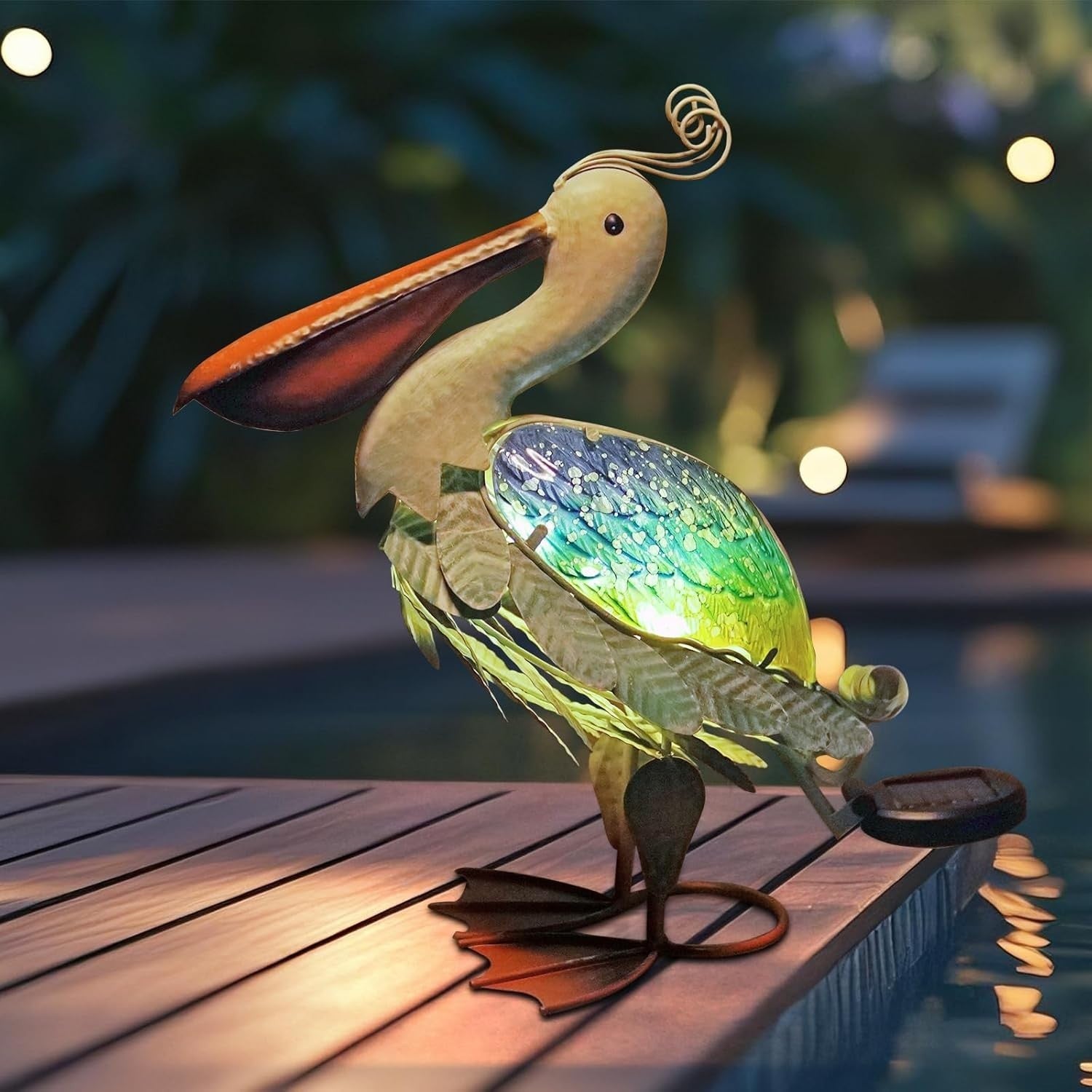 Solar Pelican Garden Ornament Metal LED Light Outdoor Patio Decor 17" Coastal