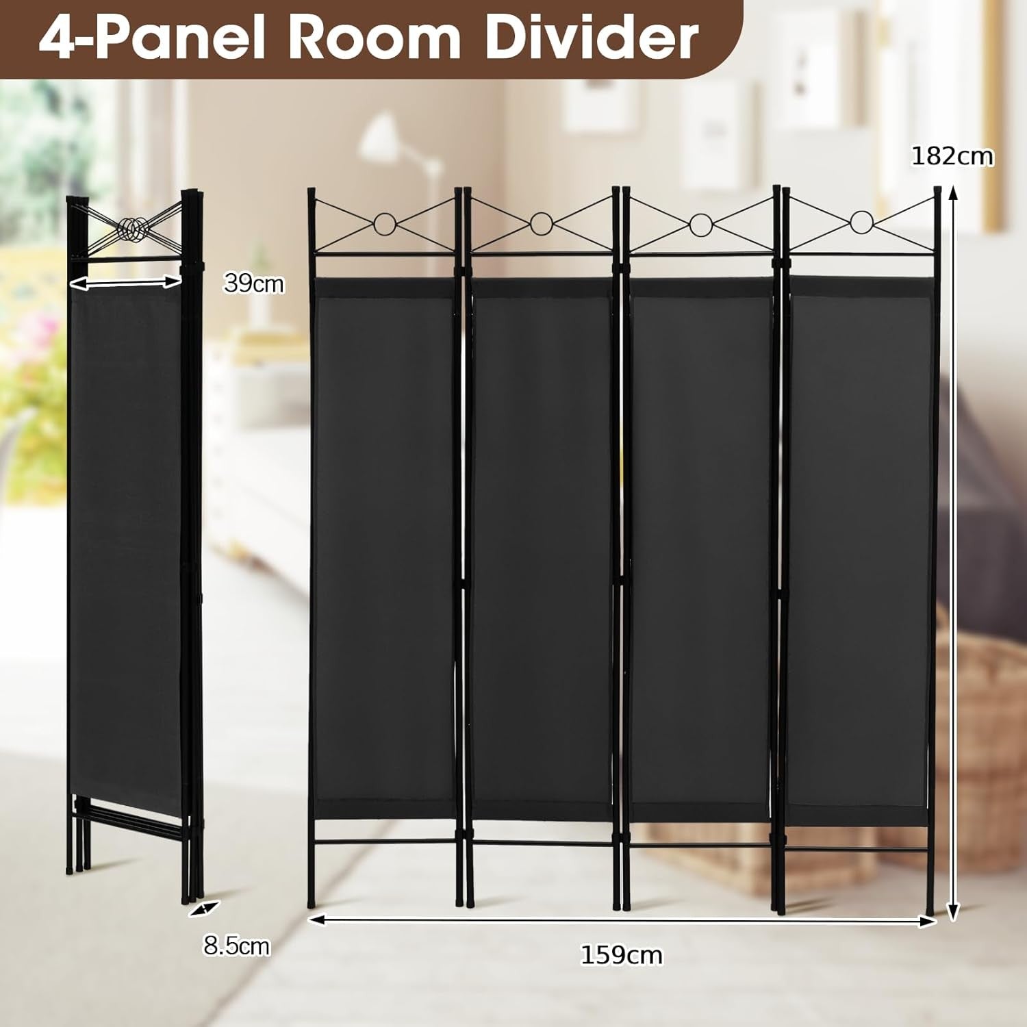 4 Panel Black Folding Room Divider Screen Privacy Partition for Bedroom Office